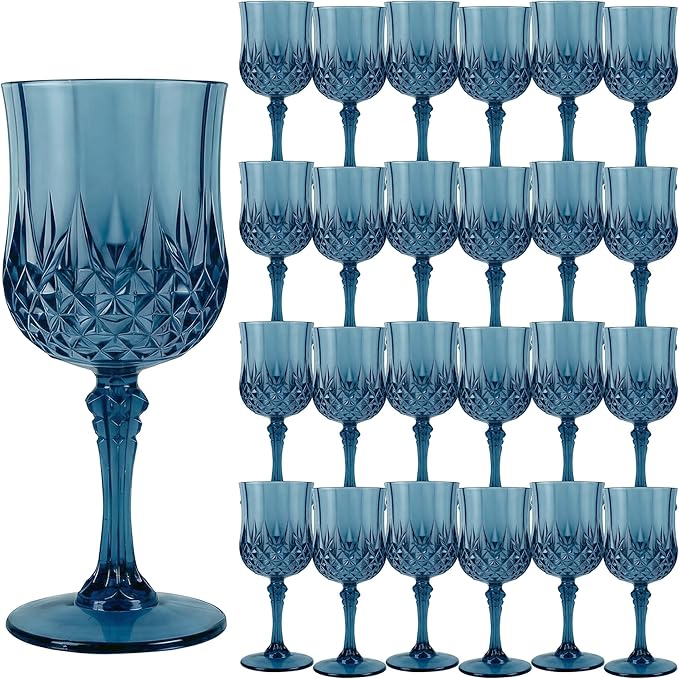 Plastic Wine Glasses, Plastic Goblets Vintage Style Cordial Unbreakable Drinking Glasses, Reusable Drinkware for Wedding Reception, Grand Event Party Supplies, Easter (24, Navy Blue)