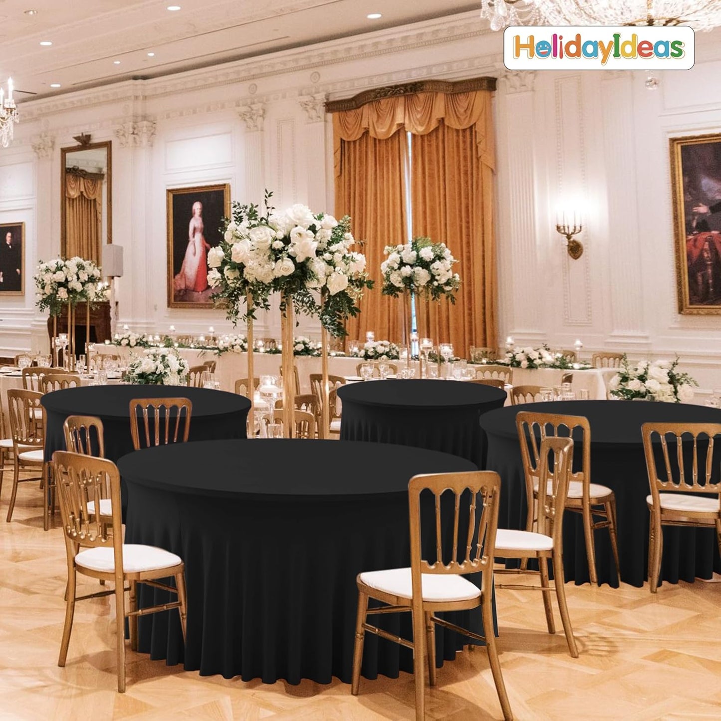 HolidayIdeas 60 Inch Black Spandex Round Table Skirts,Fitted Stretch Tablecloths for Round 5 ft Table, Wrinkle-Free Ruffle Design Tablecloths for Banquets,Trade Shows, Parties, Events, 4 Pcs