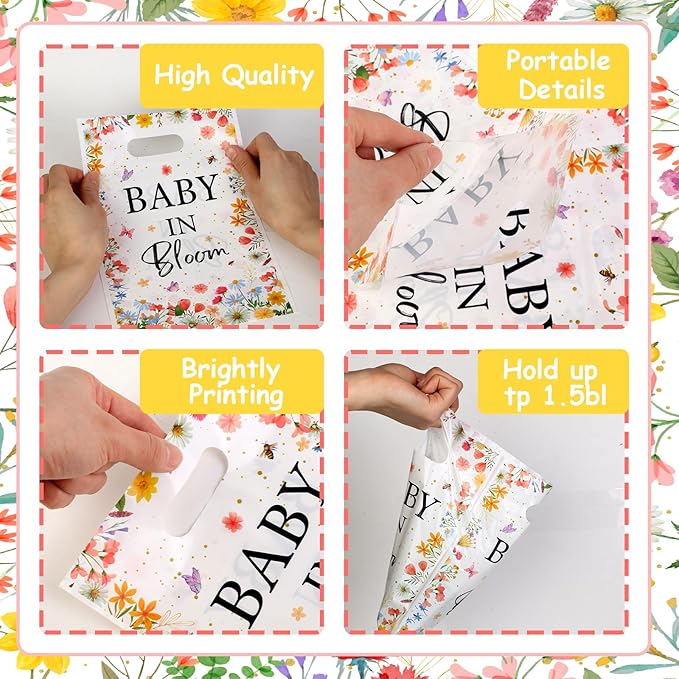 Serencatcher 50Pcs Baby In Bloom Party Favor Bags Widflower Baby Shower Goodie Bags Plastic Floral Gift Bags Candy Bags with Handles for Wildflower Baby In Bloom Baby Shower Decorations Party Supplies
