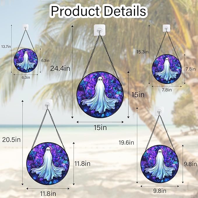 Stained Glass Window Hanging - Halloween Decoration Fantasy Ghost Suncatcher for Door Garden Spooky Blue Purple Sun Catchers Gothic Decor Horror Gifts for Women Men Friend Boy Girl 11.8 in