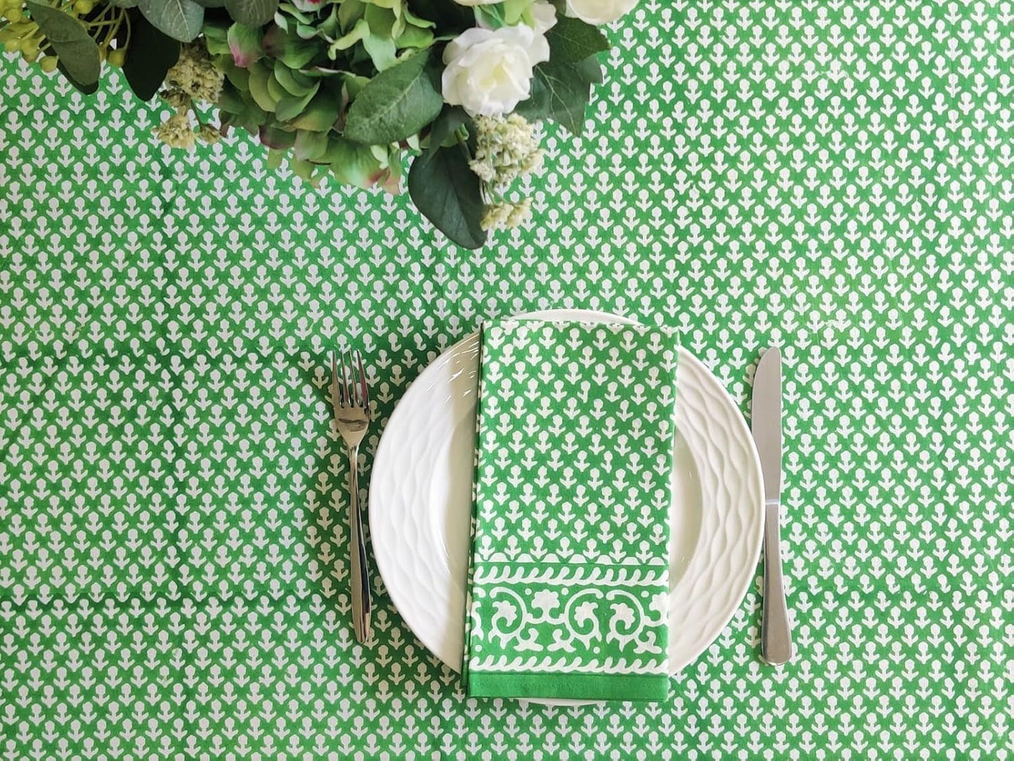 ATOSII Queen Green 100% Cotton Rectangle Tablecloth, Handblock Print Floral Table Cloth for Kitchen Dining Linen I Weddings Outdoors Picnics Spring Summer I 72 X 140 Inches I 12 Seater