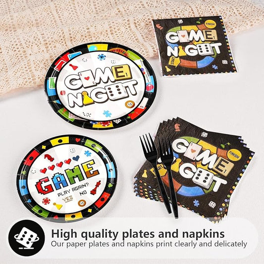 Grencian 200Pcs Family Game Night Decorations Game Night Plates and Napkins Disposable Gamer Paper Tableware Set for Adults Family Gathering Birthday Gaming Theme Party Supplies, Serves 50