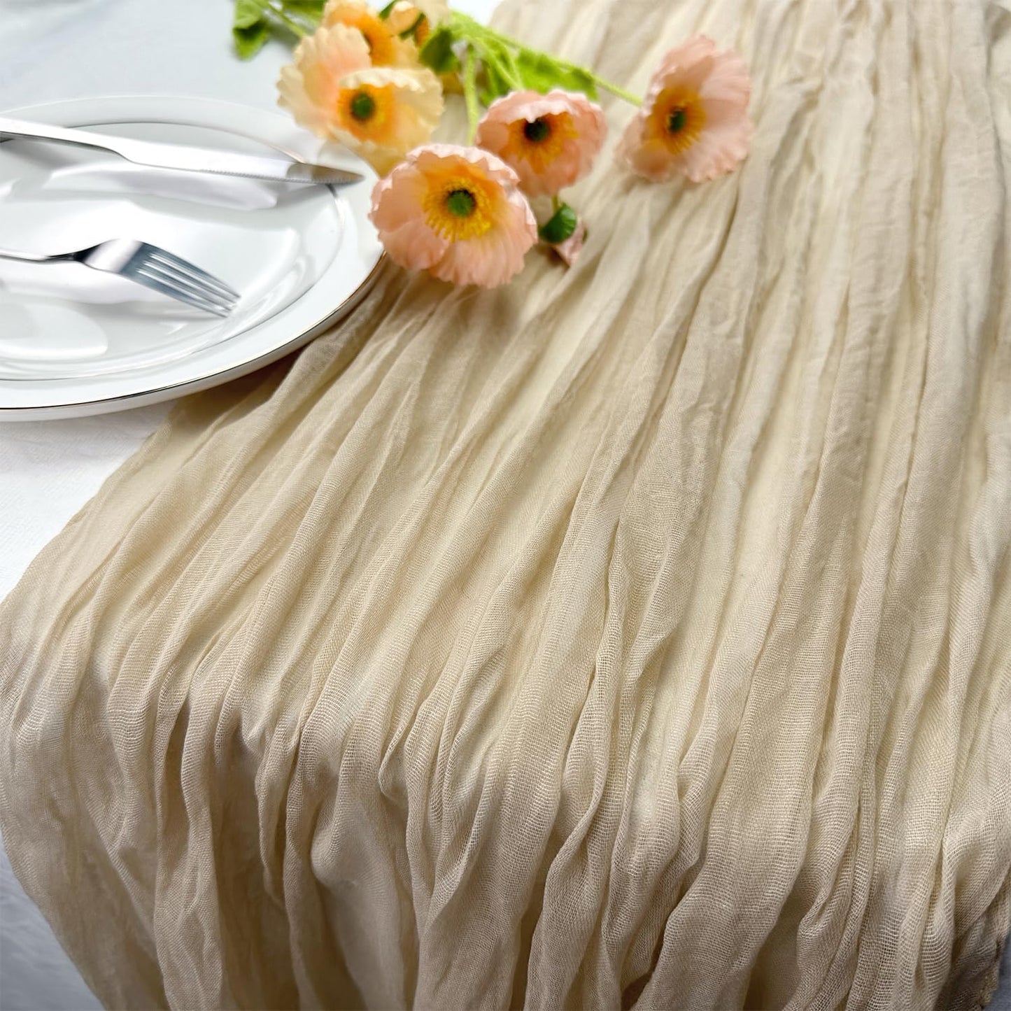 Booque Valley Beige Cheesecloth Table Runner 10ft Super Soft Boho Wrinkled Gauze Sheer Cloth for Baby Shower Baptism Birthday Party Wedding Centerpiece Table Decoration, 35x120 Inch