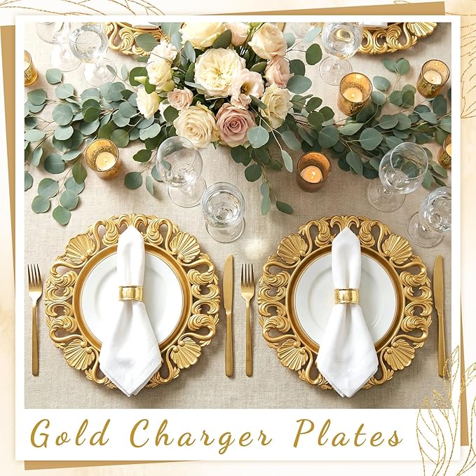12 Pcs Vintage Gold Charger Plates Bulk 13 Inch Embossed Rim Plastic Round Decorative Plates Charger for Dinner Wedding Party Event Table Setting Decoration (Hollowed out Shell)