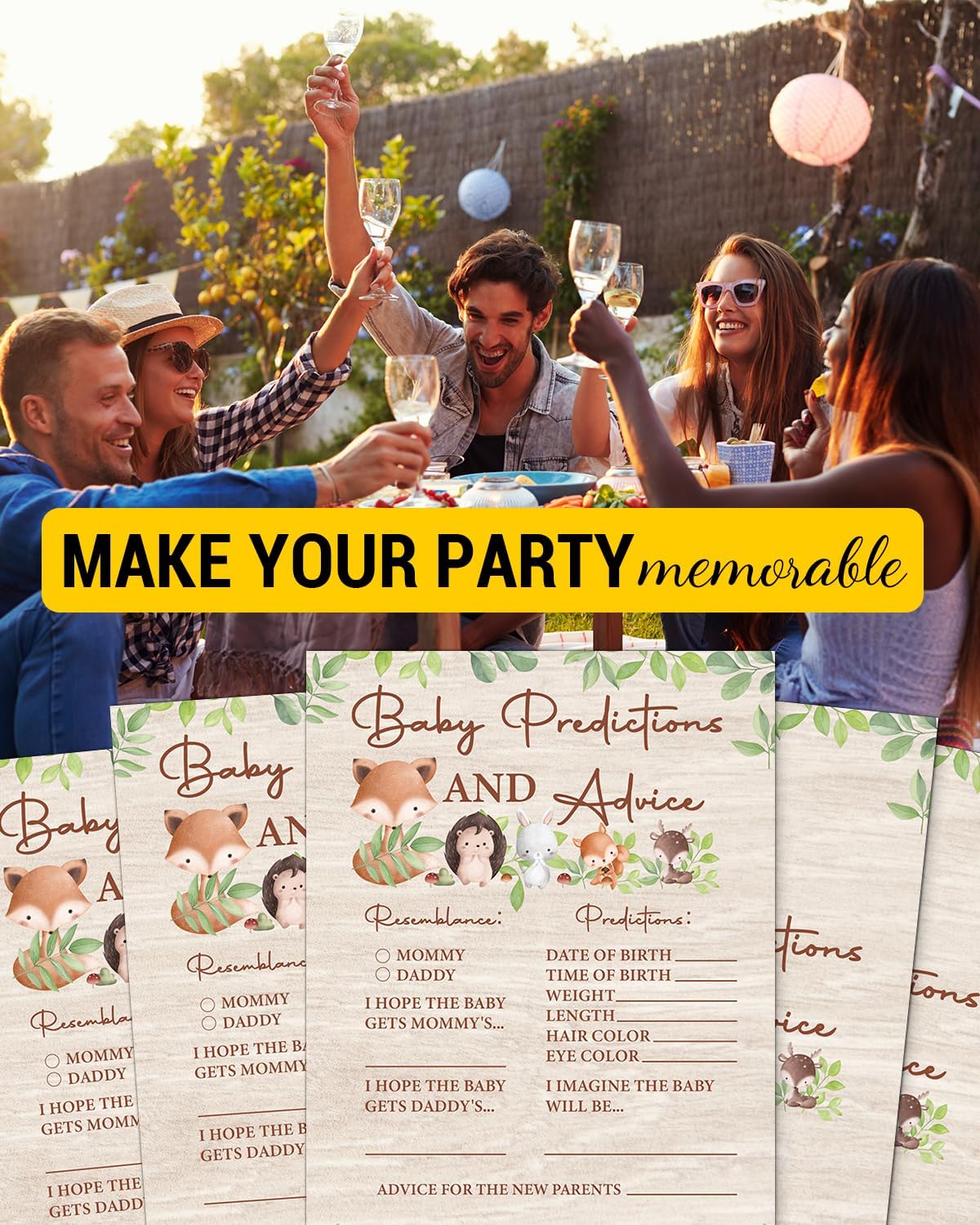 Baby Shower Predictions and Advice Cards for New Parents, Woodland Baby Shower Games, Set of 20 Cards, Forest Animals Theme, Gender Neutral Boy or Girl