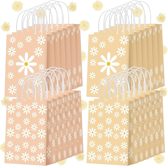 Outus 24 Pcs Daisy Party Favor Bags Boho Groovy Flower Gift Goodie Paper Bags with Handles Retro Hippie Flower Candy Treat Pouch for Daisy Birthday Party Decorations Supplies