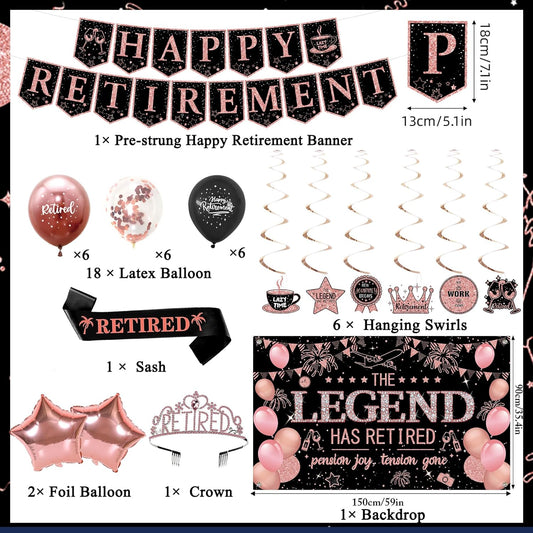 Roetyce Retirement Party Decorations Women, Black and Pink Happy Retirement Banner Backdrop Balloon Hanging Swirls for Coworker, Rose Gold Lengend Has Retired Sash & Crown, Office Retired Background