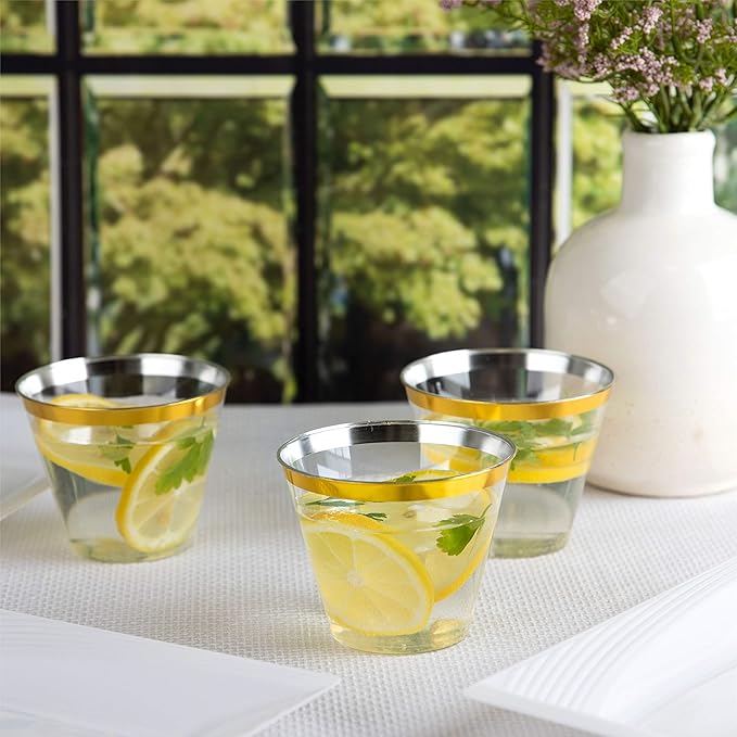 PLASTICPRO 9 oz Disposable Plastic Party Cups,Old fashioned Designed Tumblers, With gold Rim 100 Count, Crystal Clear