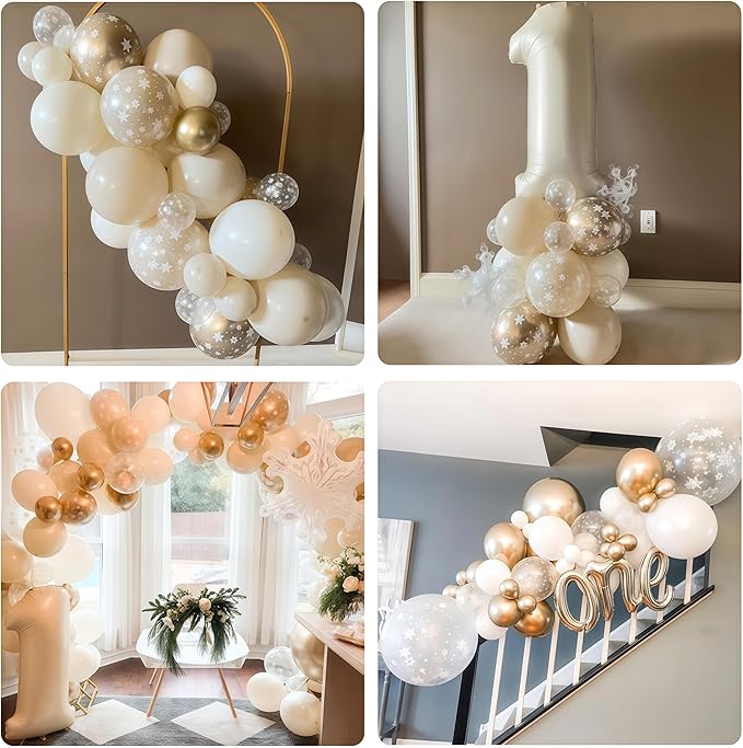 Beige Gold Snowflake Balloons Cream White Sand Gold Metallic Balloons Neutral Boho Ivory Nude Winter Balloon Set for Christmas Ice Wonderland Snow Wedding Baby Bridal Shower Birthday Party Decorations