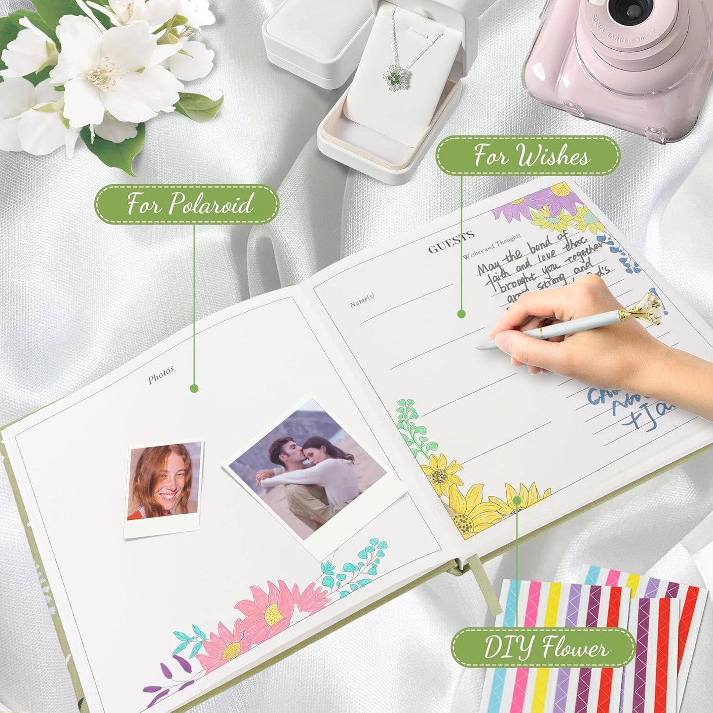 Embroidered Wedding Guest Book—The Perfect Polaroid Guest Book for Wedding Receptions, Birthdays, Baby Showers, and Special Events with 3 Photo corner stickers+ 3 DIY pens+1 Diamond Pen (green)