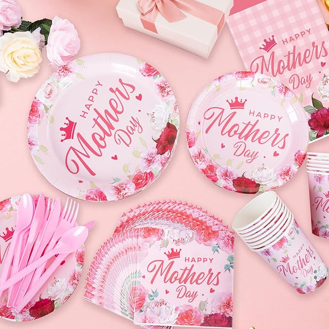 191Pcs Mother's Day Party Decorations Happy Mothers Day Party Supplies Tableware Set Include Paper Plates Napkins Cup Tablecloth Banner Best Mom Balloons Dinnerware for Mother’s Day Serves 24 Guests