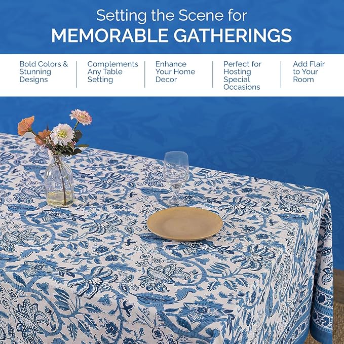 Labhanshi Indian Handblock Print Table Cloth|Ethnic Rectangle 72x108 Inch Floral Cotton 8-Seater Spring Easter Table Cover for Kitchen Dining Table Buffet Outdoor Tea Parties and Camping|Blue