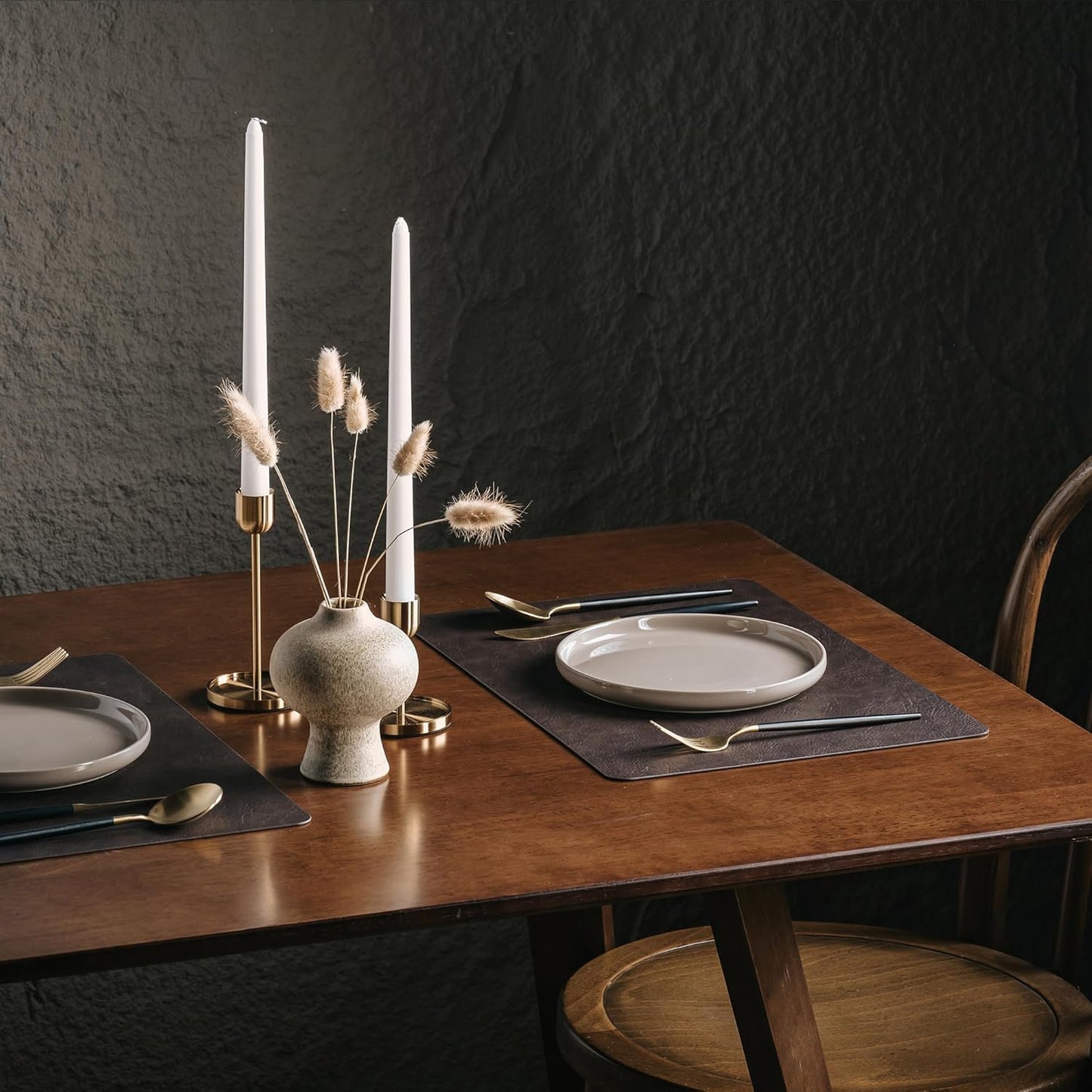 DOLOPL Placemats Set of 4 Reversible Dual-Color Table Placemats – Heat Resistant Wipeable & Washable Place Mats, Luxury Faux Leather Table Mats for Vintage Dining Table Decor（Dark Brown & Black）