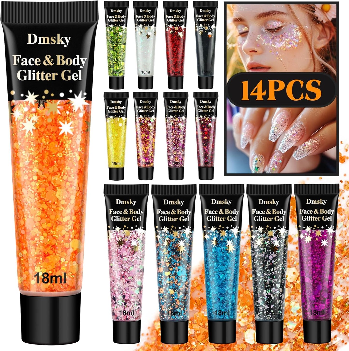 14 Colors Body Glitter,Face Glitter Makeup for Kids Women,Sparkly Chunky Hair Glitter for Eye Lip Nails,Mardi Gras Glitter Makeup Face Paint,Singer Concerts Disco Rave Festival Accessories-Hallowmas