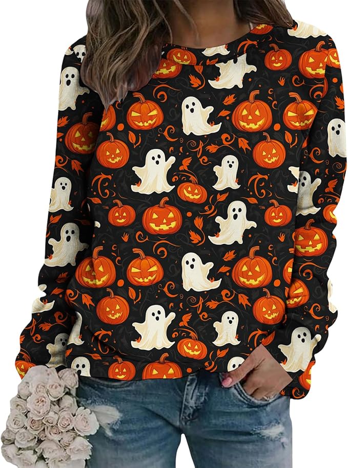 LIZALIG Pullover Cute Sweatshirt Orange Skeleton Fall Festive FunWomens Design Bat Holiday Party Outings Pumpkin Print