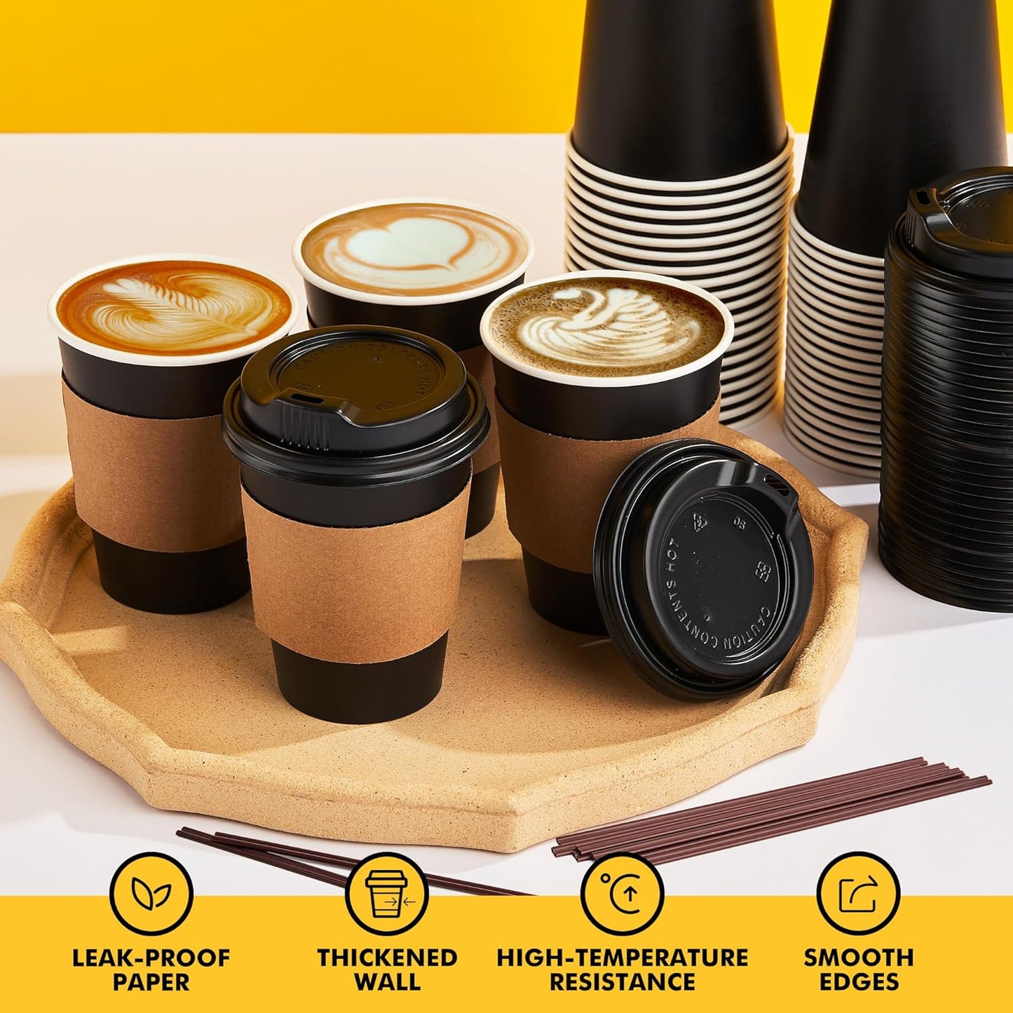 50 Pack 12 oz Coffee Cups with Lids, Black Disposable Coffee Cups with Lids, Sleeves and Stirring Sticks, Hot Paper Coffee Cup 14 oz for Hot Drinks, Parties, Picnic, Travel, and Events