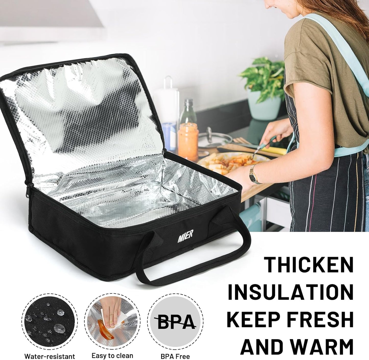 MIER Insulated Casserole Carrier for Hot or Cold Food Thermal Food Carrier Bag for Lasagna Potluck Parties Picnic Cookouts, Fits 9"x13" Baking Dish/Foil Pan, Black