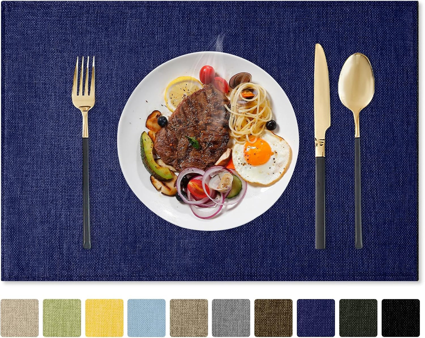 Romanstile Cloth Placemats Set of 8-12 x 18 Inch, Heat Resistant Double Layered Thickened Burlap Place Mats, Washable Faux Linen Farmhouse Table Mats for Kitchen/Dining/Party/Outdoor, Navy Blue
