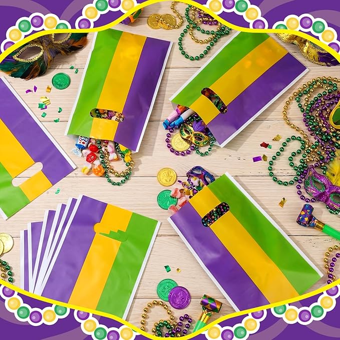Frienda 100 Pcs Mardi Gras Plastic Gift Bags with Handles 9.84''x6.5'' Purple Yellow Green Plastic Candy Goodies Treat Favors for Event Mardi Gras Carnival Birthday Party Gift Wrapping Supplies