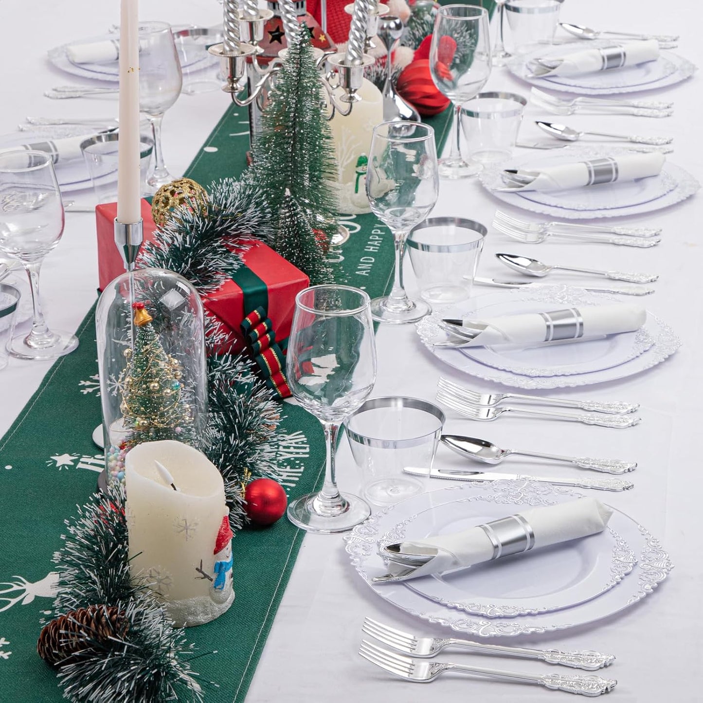 Liacere 350PCS Silver Plastic Plates&Pre Rolled Napkins for 50 Guests - Plastic Dinnerware Sets 100Silver Disposable Plates, 150Silver Silverware, 50Cups and 50Napkins for Wedding