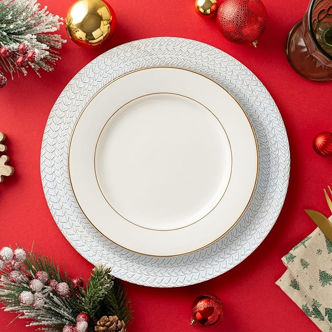 13" Antique White Leaf Trim Round Charger Plates for Dinner, Table Chargers Plates Bulk, 6Pcs