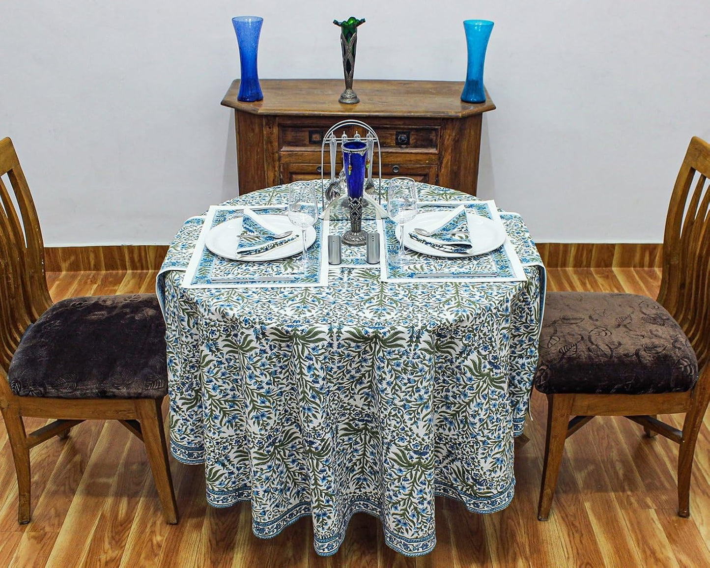 60 Inches Round Hand Block Printed Cotton Tablecloth, Blue White Floral Table Cloths Washable, Indian Table Linen for Dinning Home Decor Autumn Outdoor Thanksgiving