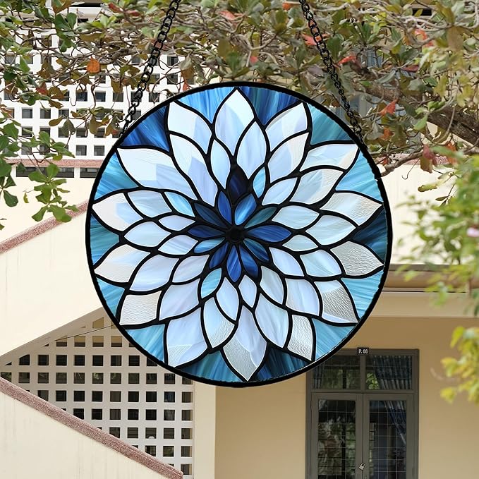 Stained Glass Suncatcher, Blue White Multi-Petal Flowers Sun Catcher Landscape Stain Glass Window Hanging Decoration Mother's Day Birthday Gifts for Women Men Mom Nana 9.8 in