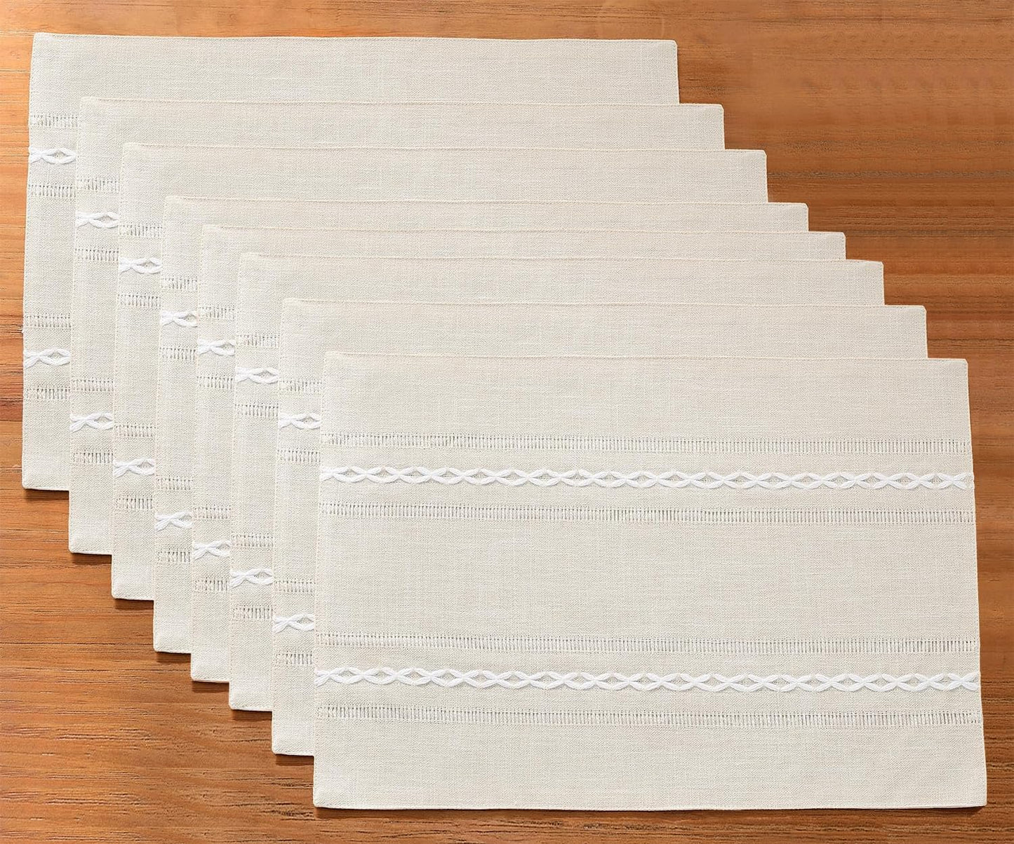 Wracra Cotton Linen Placemats, 14 x 19 Inch Set of 8 Placemats Rustic Hemstitch Place Mats for Kitchen Table and Heat Resistant-Hemstitch Ivory