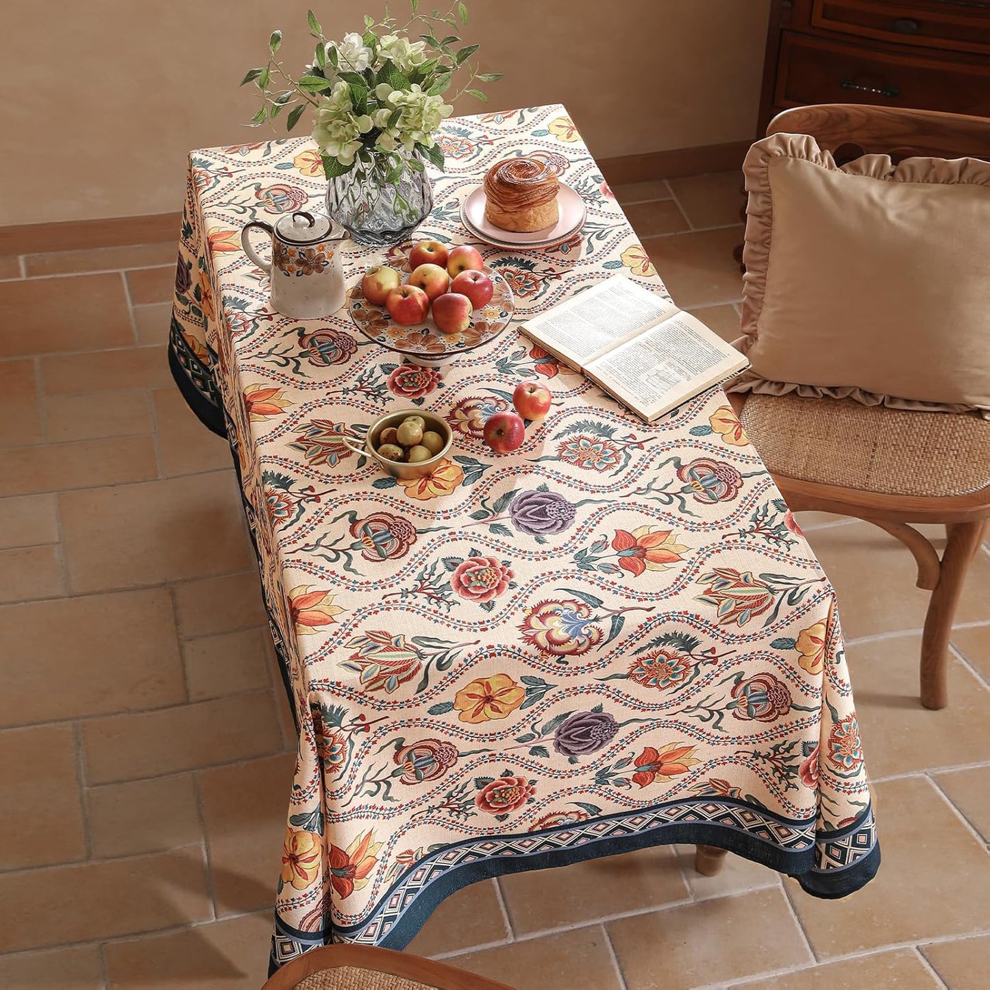 Vintage French Rectangular Tablecloth,Linen Extra Long Tablecloth with Rose and Cornflower Pattern,Decor Table Cover for Kitchen,Dining,Thanksgiving,Christmas,Tea Party,67"*118"-Lanae