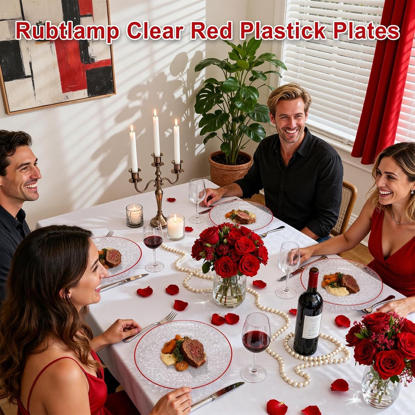 Rubtlamp 60Pcs Red Plastic Plates, Clear Plastic Plates, Heavy Duty Disposable Plates for Party, Fancy Hammered Plates Include 30 Red Dinner Plates 30 Clear Cake Plates For Wedding