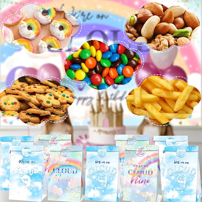 Inshinern Rainbow Clouds 9th Birthday Party Favors We're on Cloud Nine Birthday Goodie Bag Candy Treat Bags for Women Rainbow Themed Party Decor Engagement Party Supplies(12 Pcs)