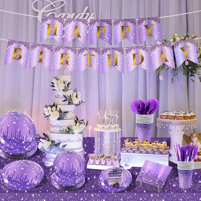 182PCS Purple and Silver Birthday Party Decorations,Purple Theme Party Plates and Napkins Disposable Tableware Set for Girls Ladies Women Wedding Favors,Serves 30 Guests