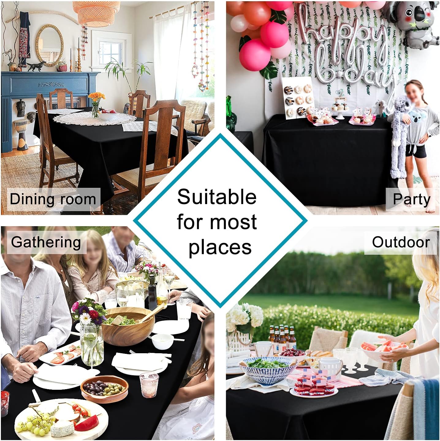 Hiasan 2 Pieces Black Tablecloth Rectangle - Waterproof and Wrinklr Resistant Washable Polyester Fabric Table Cloth for Dining Room and Outdoor Use, 54 x 108 Inch