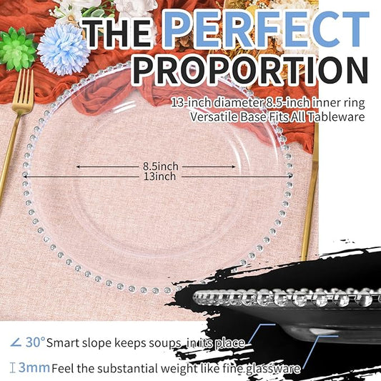 24 Pack Clear Charger Plates Bulk Wedding, 13 Inch Plastic Round Dinner Chargers with Silver Beaded Rim, Acrylic Round Decorative Plates for Wedding Party Home and Tabletop Decor (Silver)