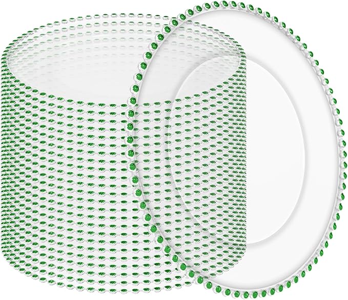 24 Pack Clear Charger Plates Bulk Wedding, 13 Inch Plastic Round Dinner Chargers with Green Beaded Rim, Acrylic Round Decorative Plates for Wedding Party Home and Tabletop Decor (Green)