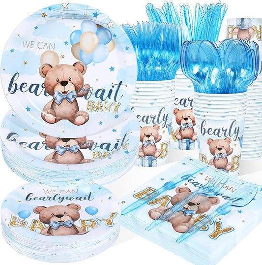 350pcs Bear Baby Shower Decorations for 50 Guests Party Supplies for Boy Include Paper Plate, Napkin, Cup and Disposable Plastic Tableware