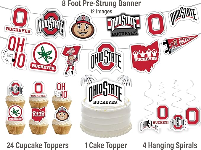 Ohio State Party Supplies for OSU Football, Birthday Gift, Graduation Party Banner and Cake Toppers (42 Pieces) (Ohio State Buckeyes)