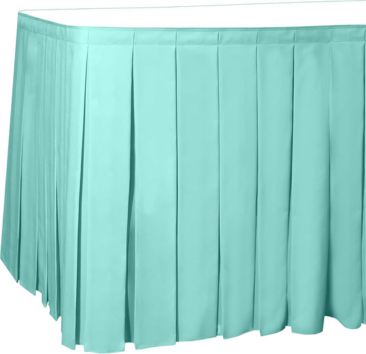 Ultimate Textile Pleat Polyester Fabric Table Skirt - Machine Washable, Flame Resistant, Cut & Sewn in NJ, Desk Skirt - Aqua, 21' Box Pleat x 42" h