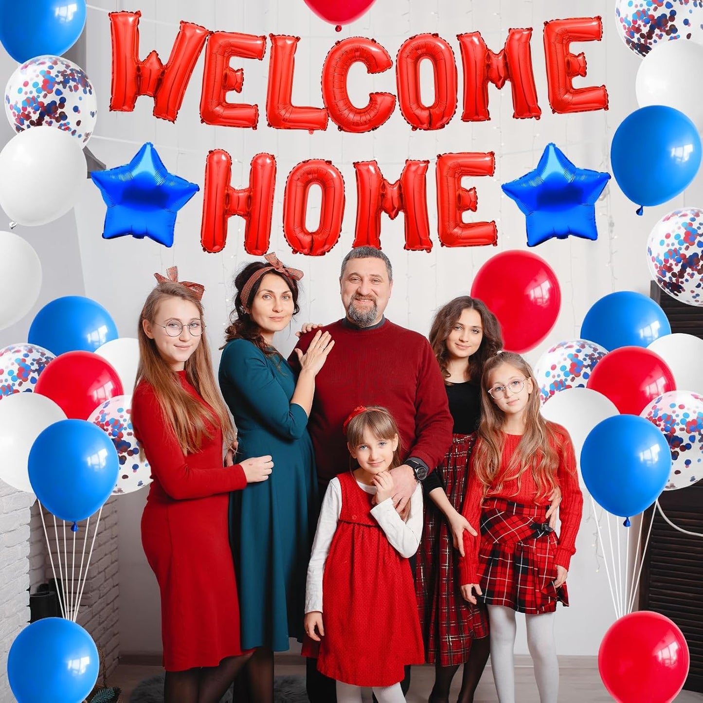 Red Blue Welcome Home Foil Balloon Banner with Confetti Balloons, Blue Star Balloons for Patriotic Welcome Home Army Returning Party Supplies
