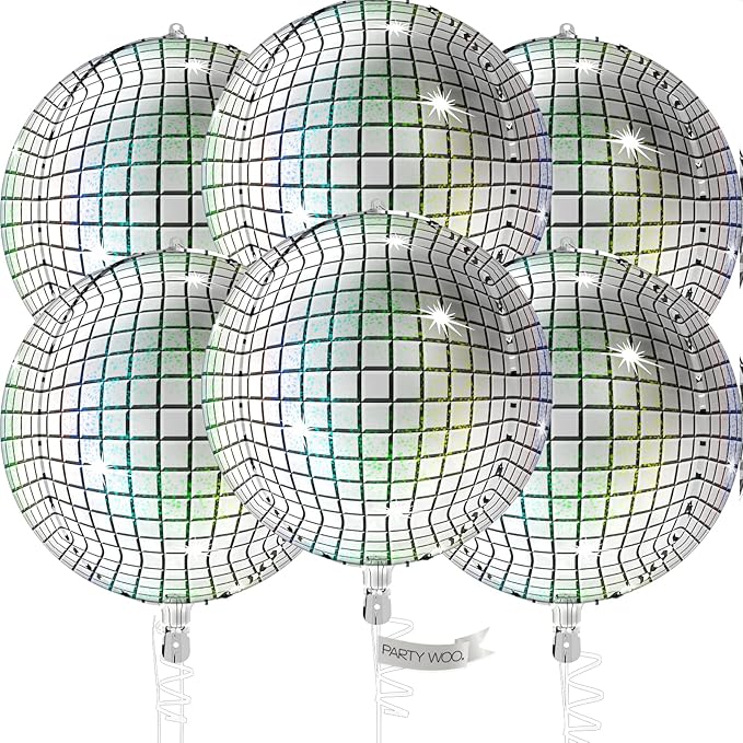 PartyWoo Silver Disco Ball Foil Balloons 6pcs 22 Inch Large Round Foil Big Giant 4D Jumbo Inflatable Mirror Ball Mylar Balloons for Graduation Birthday Engagement Space Themed Party Decorations