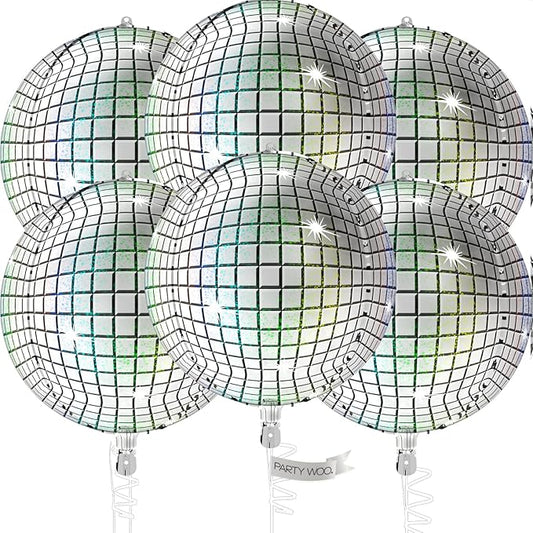 PartyWoo Silver Disco Ball Foil Balloons 6pcs 22 Inch Large Round Foil Big Giant 4D Jumbo Inflatable Mirror Ball Mylar Balloons for Graduation Birthday Engagement Space Themed Party Decorations