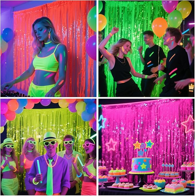 Glow in The Dark Party Supplies, 4 Packs Neon Party Decorations, Macaron Green Blacklight Reactive Fluorescent Tinsel Foil Fringe Curtains, Luminous Backdrop Streamers for Birthday, Photo Booth Prop