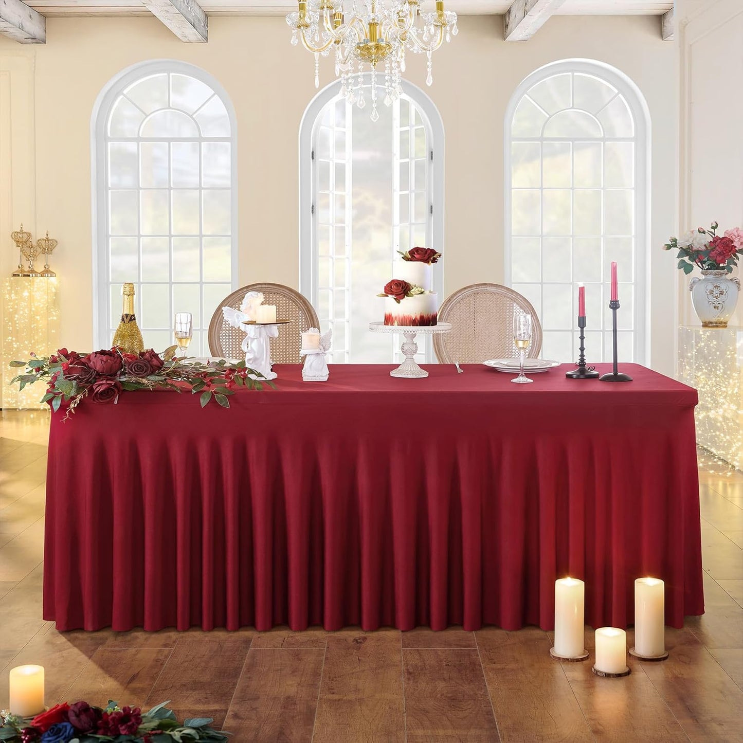 Spandex Burgundy Table Clothes for 8 Foot Rectangle Tables, Wrinkle Free Fitted Tablecloth Cover 8ft Maroon Stretchy Tablecloths Desk Skirt for Parties Weddings Birthday Banquet Baby Shower