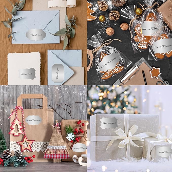 Yeachlaing 350 PCS Gift Tags Stickers, 2" x 1.2" Fancy Shape Stickers, Self-Adhesive, Handmade Bottle All-Purpose Jar Labels for Presents, Cosmetic Decoration Jars, Food Craft (Silver)