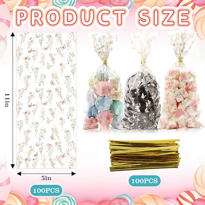 CEMECER 100PCS Wildflower Cellophane Treat Bags, Floral Candy Cookie Packing Plastic Clear Goody Bags Dercor for Baby Shower, Wedding, Birthday Party Decorations Supplies Favors.(11 x 5 Inches)