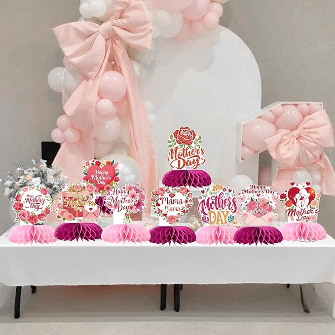 9 PCS Happy Mother's Day Honeycomb Centerpieces Love Heart Best Mom Table Centerpiece Love Mother Table Decorations for Women Mama Birthday Happy Mother's Day Party Centerpieces Decorations Supplies