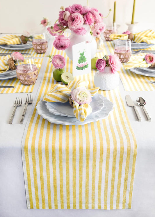 Solino Home Linen Table Runner 48 Inches - Amalfi Stripe 100% Pure Linen Primrose Yellow and White Farmhouse Table Runner 14 x 48 Inch Ideal for Dresser and Coffee Tables