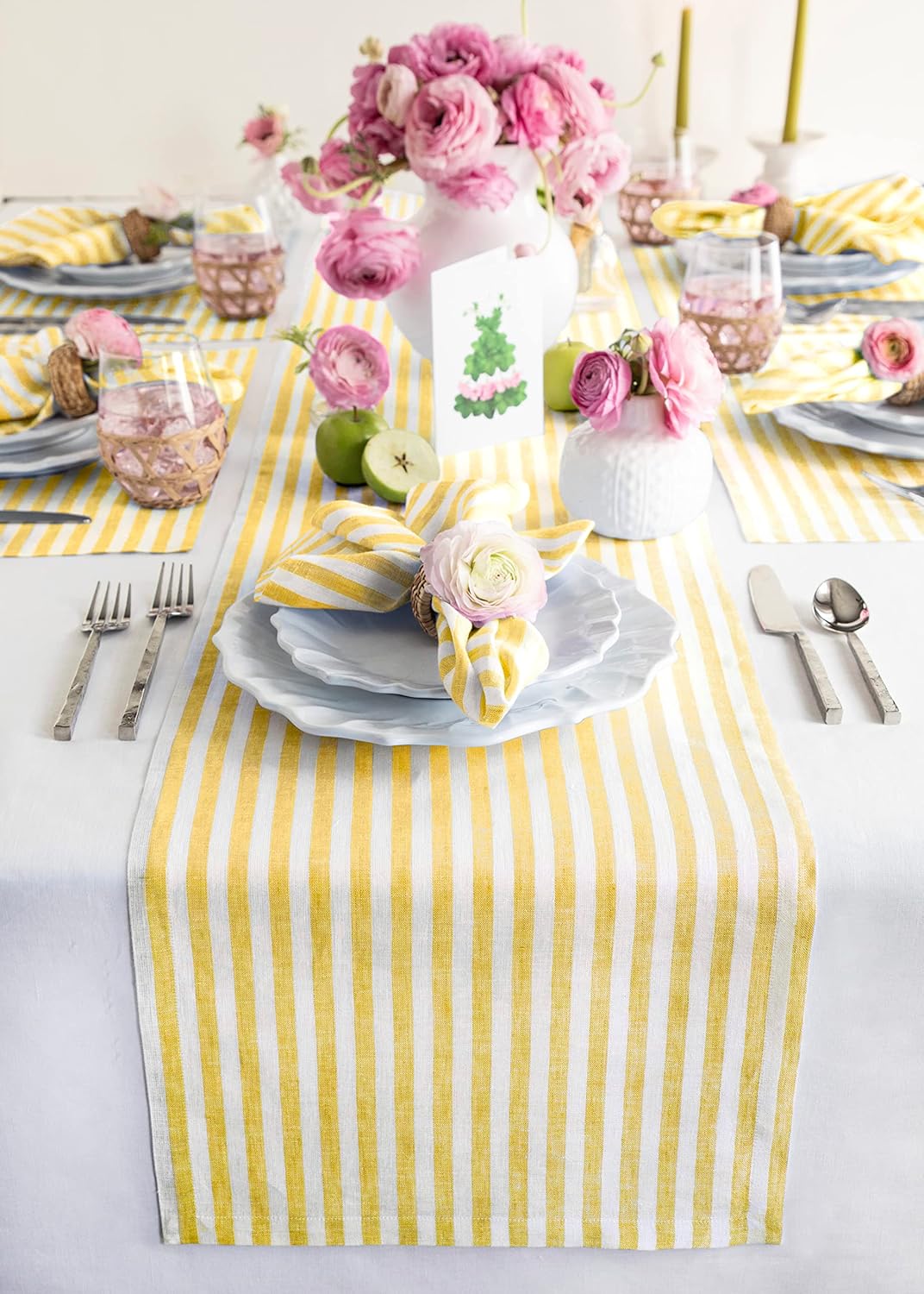 Solino Home Linen Table Runner 60 Inches - Amalfi Stripe 100% Pure Linen Primrose Yellow and White Farmhouse Table Runner 14 x 60 Inch Ideal for Dresser and Coffee Tables