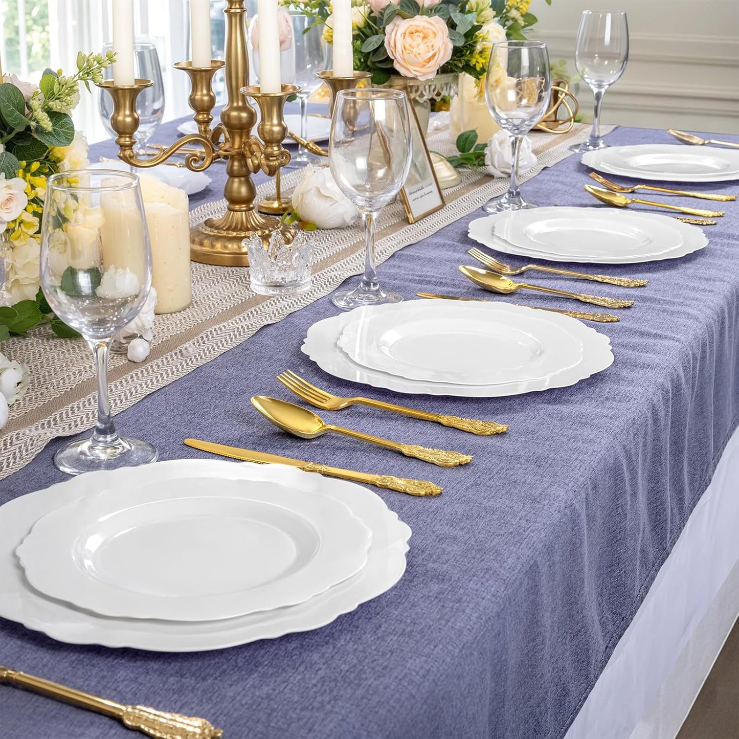 WDF 60pcs White Plastic Plates -10.25inch Baroque White Disposable Dinner Plates for Upscale Parties/Wedding