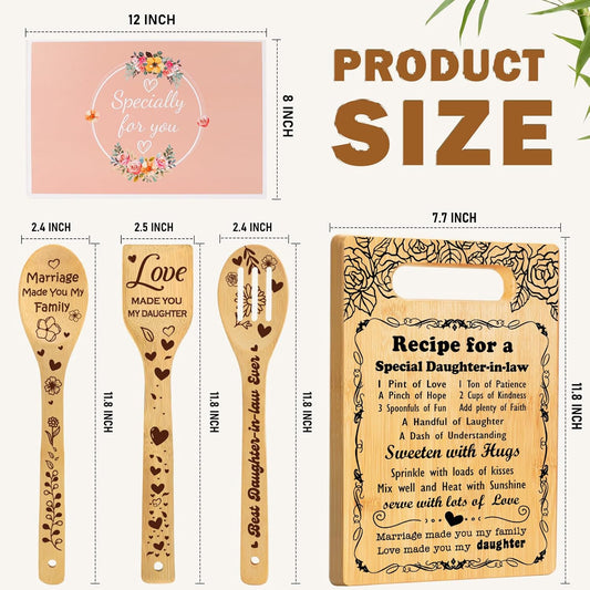 Gifts for Daughter in Law Cutting Board Set, "Recipe for a Daughter-in-Law" Christmas Birthday Gifts for Daughter in Law with Engraved Utensil, Daughter-in-Law Gift from Mother-in-Law Christmas